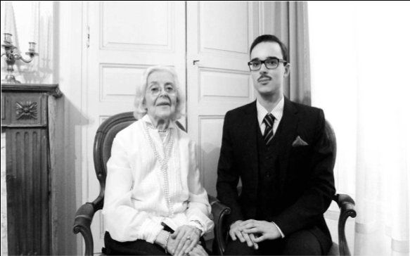 Black and white portrait of two generations of the de Bernadac family