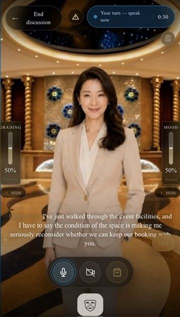 AdB-AI practice screen: an avatar playing a hotel guest who is unhappy with the event facilities, with mood and grading gauges